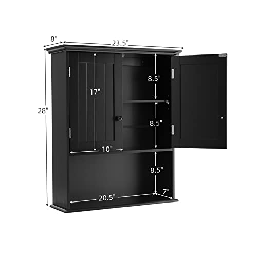 COSTWAY Wall Mounted Bathroom Cabinet, Over The Toilet Storage Cabinet w/Double Doors & Adjustable Shelf, Wood Hanging Medicine Cabinet for Living Room, Entryway, Kitchen (Black)