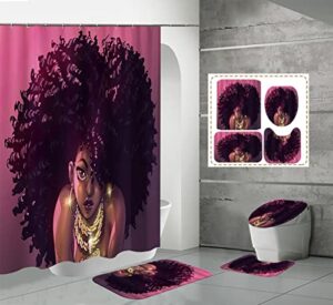 4 pcs african american bathroom shower curtain sets with rugs lovely black girl with shiny necklace shower curtains with toilet lid cover and bath mat afro black girl bathroom sets with 12 hooks