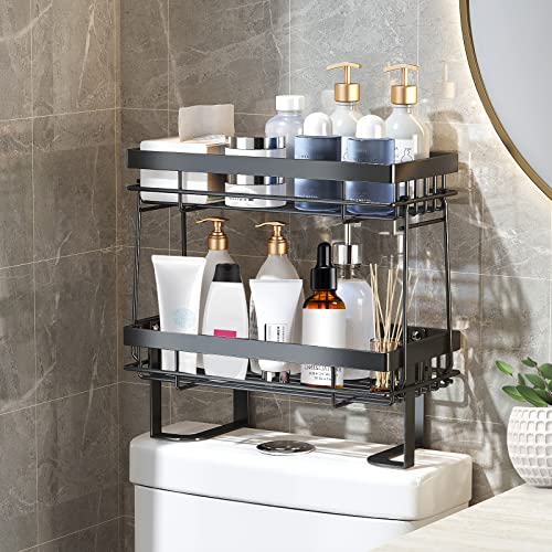 FIDVEKL Over The Toilet Storage, 2-Tier Black Iron Bathroom Organizer Shelf with Hanging Hook Over The Toilet Space Saver Organizer Rack No Drilling Space Saver with Wall Mounting Design