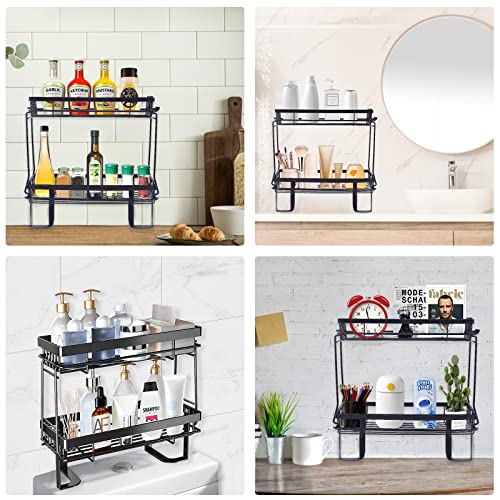 FIDVEKL Over The Toilet Storage, 2-Tier Black Iron Bathroom Organizer Shelf with Hanging Hook Over The Toilet Space Saver Organizer Rack No Drilling Space Saver with Wall Mounting Design