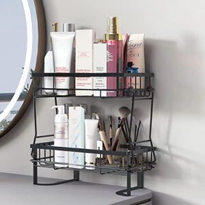 FIDVEKL Over The Toilet Storage, 2-Tier Black Iron Bathroom Organizer Shelf with Hanging Hook Over The Toilet Space Saver Organizer Rack No Drilling Space Saver with Wall Mounting Design