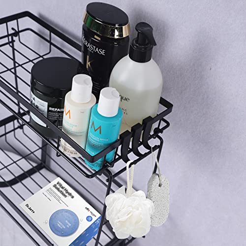 FIDVEKL Over The Toilet Storage, 2-Tier Black Iron Bathroom Organizer Shelf with Hanging Hook Over The Toilet Space Saver Organizer Rack No Drilling Space Saver with Wall Mounting Design