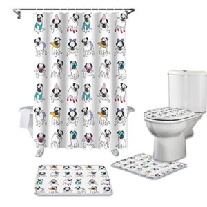 bestlives 4 pcs shower curtain sets with rugs cute pug puppy dog non-slip soft toilet lid cover for bathroom animal bathroom sets with bath mat and 12 hooks