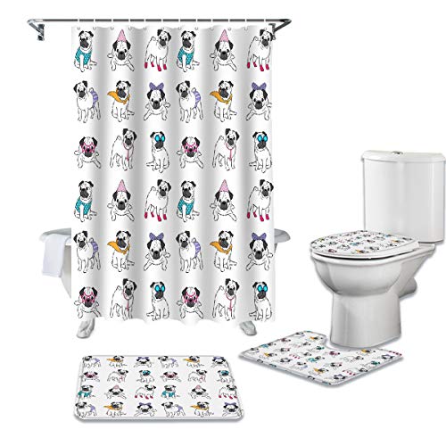 BestLives 4 Pcs Shower Curtain Sets with Rugs Cute Pug Puppy Dog Non-Slip Soft Toilet Lid Cover for Bathroom Animal Bathroom Sets with Bath Mat and 12 Hooks