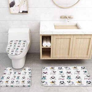 BestLives 4 Pcs Shower Curtain Sets with Rugs Cute Pug Puppy Dog Non-Slip Soft Toilet Lid Cover for Bathroom Animal Bathroom Sets with Bath Mat and 12 Hooks