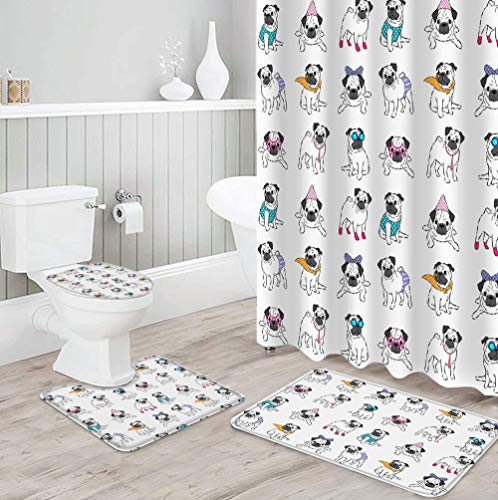 BestLives 4 Pcs Shower Curtain Sets with Rugs Cute Pug Puppy Dog Non-Slip Soft Toilet Lid Cover for Bathroom Animal Bathroom Sets with Bath Mat and 12 Hooks