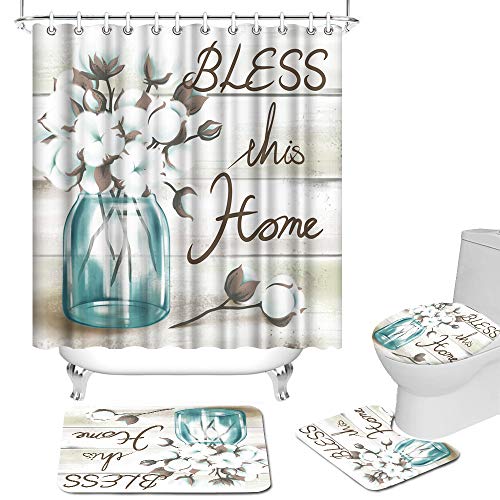 RnnJoile Farmhouse Bathroom Sets with Shower Curtain and Rugs Cotton with Bless This Home Art Sign Bath Curtain 4 Piece Fabric Cloth Bathroom Decor Set with Hooks Teal