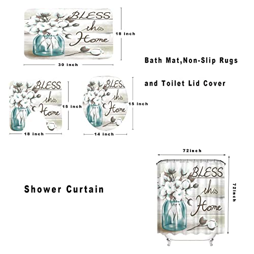 RnnJoile Farmhouse Bathroom Sets with Shower Curtain and Rugs Cotton with Bless This Home Art Sign Bath Curtain 4 Piece Fabric Cloth Bathroom Decor Set with Hooks Teal