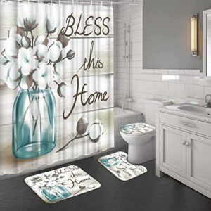 RnnJoile Farmhouse Bathroom Sets with Shower Curtain and Rugs Cotton with Bless This Home Art Sign Bath Curtain 4 Piece Fabric Cloth Bathroom Decor Set with Hooks Teal