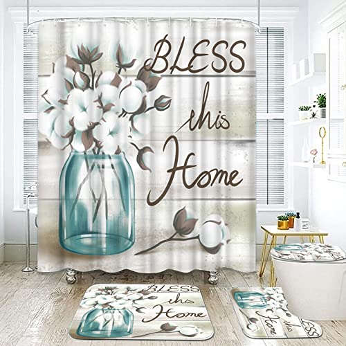 RnnJoile Farmhouse Bathroom Sets with Shower Curtain and Rugs Cotton with Bless This Home Art Sign Bath Curtain 4 Piece Fabric Cloth Bathroom Decor Set with Hooks Teal