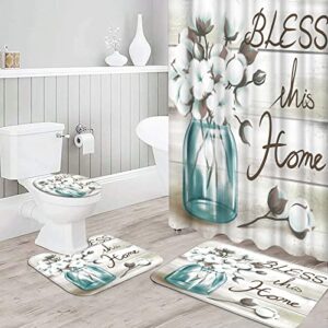 RnnJoile Farmhouse Bathroom Sets with Shower Curtain and Rugs Cotton with Bless This Home Art Sign Bath Curtain 4 Piece Fabric Cloth Bathroom Decor Set with Hooks Teal