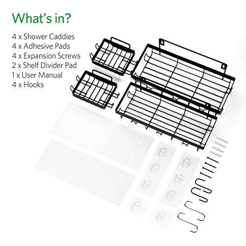 Shower Caddy | Bathroom Shelf, 4 Pack Adhesive Shower Shelf, Shower Rack with 4 Hooks,SUS304 Rustproof | No Drilling Traceless Adhesive Shower Organizer, for Shower & Kitchen(Frosted Black)