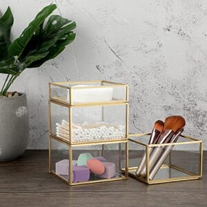 Hipiwe 4-Tiered Gold Glass Jewelry Box Stackable Trinket Organizer Decorative Glass Box Q-tip Holder Cotton Ball and Swab Storage Holder for Bathroom Dresser Office Countertop