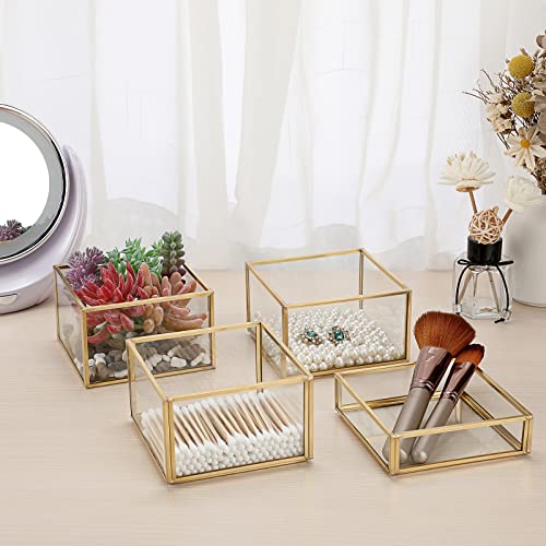 Hipiwe 4-Tiered Gold Glass Jewelry Box Stackable Trinket Organizer Decorative Glass Box Q-tip Holder Cotton Ball and Swab Storage Holder for Bathroom Dresser Office Countertop