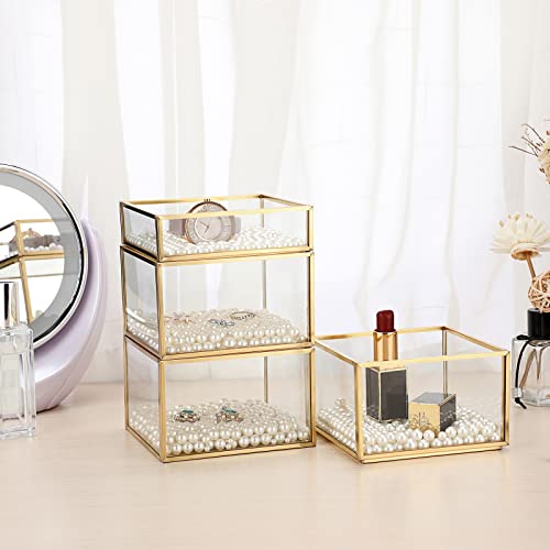 Hipiwe 4-Tiered Gold Glass Jewelry Box Stackable Trinket Organizer Decorative Glass Box Q-tip Holder Cotton Ball and Swab Storage Holder for Bathroom Dresser Office Countertop