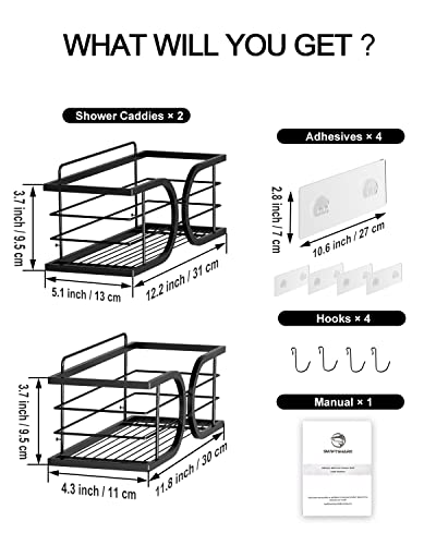 Shower Caddy, Adhesive Shower Shelves Organizer, No Drilling Bathroom Shower Rack Storage, SWIFTSHARK Wall Mounted Stainless Steel Bathroom Organizer, Shower Shelves for Inside Shower, Rustproof Matte Black Bathroom Shelves - [2 Pack]