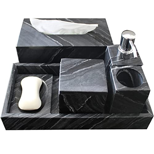 Chrocks Bathroom Accessory Set Made from Natural Stone Black Wood Marble - Bath Accessories Set of 6 Includes Soap Dispenser, Toothbrush Holder, Tumbler and Soap Dish Tray Tissue Box