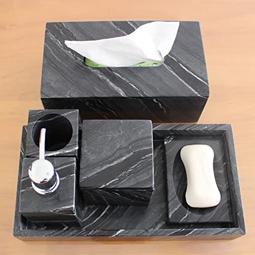 Chrocks Bathroom Accessory Set Made from Natural Stone Black Wood Marble - Bath Accessories Set of 6 Includes Soap Dispenser, Toothbrush Holder, Tumbler and Soap Dish Tray Tissue Box