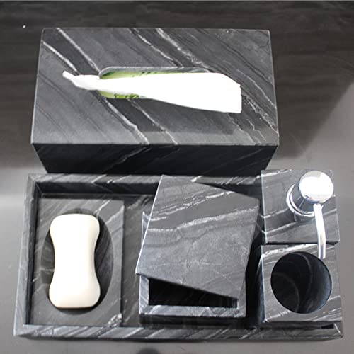 Chrocks Bathroom Accessory Set Made from Natural Stone Black Wood Marble - Bath Accessories Set of 6 Includes Soap Dispenser, Toothbrush Holder, Tumbler and Soap Dish Tray Tissue Box