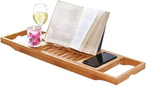 dozyant bamboo bathtub tray caddy wooden bath tray table with extending sides, reading rack, tablet holder, cellphone tray and wine glass holder