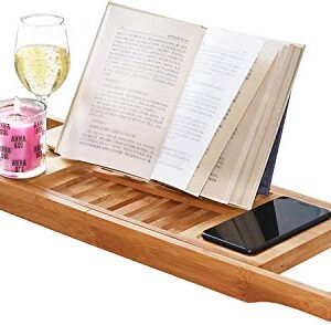 DOZYANT Bamboo Bathtub Tray Caddy Wooden Bath Tray Table with Extending Sides, Reading Rack, Tablet Holder, Cellphone Tray and Wine Glass Holder