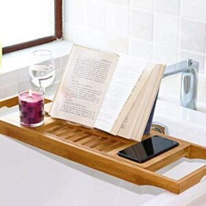 DOZYANT Bamboo Bathtub Tray Caddy Wooden Bath Tray Table with Extending Sides, Reading Rack, Tablet Holder, Cellphone Tray and Wine Glass Holder