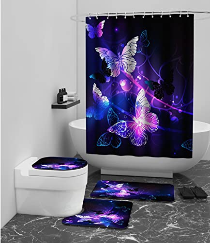 waeyeitery 4PCS Purple Shine Butterfly Floral Bathroom Shower Curtain Sets with RugsToilet Lid Pad Cover and Bath