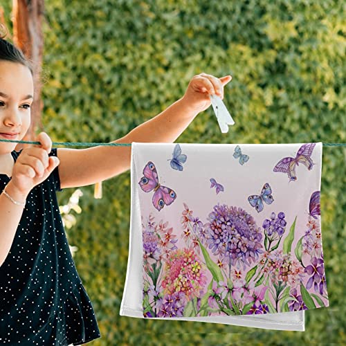 Purple Butterfly Floral Kitchen Hand Towels Set of 2 Spring Flowers Bath Towel Dish Cloth Washcloth for Spring Summer Seasonal Decor Kitchen Bathroom Absorbent Soft