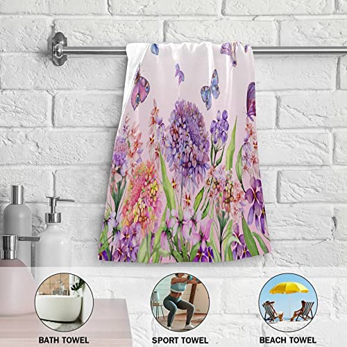 Purple Butterfly Floral Kitchen Hand Towels Set of 2 Spring Flowers Bath Towel Dish Cloth Washcloth for Spring Summer Seasonal Decor Kitchen Bathroom Absorbent Soft