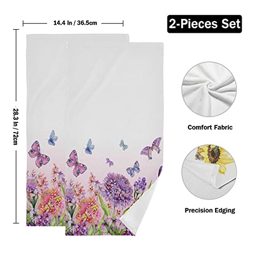 Purple Butterfly Floral Kitchen Hand Towels Set of 2 Spring Flowers Bath Towel Dish Cloth Washcloth for Spring Summer Seasonal Decor Kitchen Bathroom Absorbent Soft