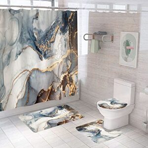 waeyeitery 4pcs blue brown marble bathroom shower curtain sets with rugs,toilet lid pad cover and bath mat with 12 hooks, abstract marbled art bathroom decor set, polyester, waterproof, 72' wx72 l