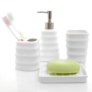 mygift ceramic white bathroom accessory set with ribbed design, includes toothbrush holder, tumbler, soap dish and dispenser