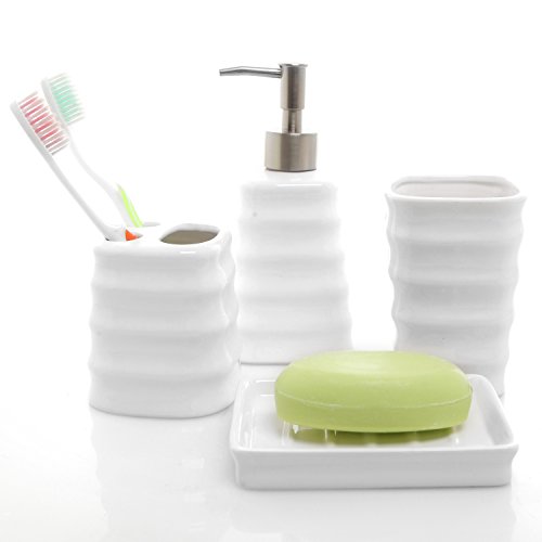 MyGift Ceramic White Bathroom Accessory Set with Ribbed Design, Includes Toothbrush Holder, Tumbler, Soap Dish and Dispenser