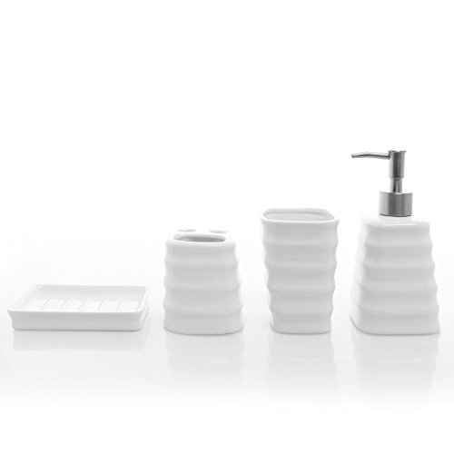 MyGift Ceramic White Bathroom Accessory Set with Ribbed Design, Includes Toothbrush Holder, Tumbler, Soap Dish and Dispenser