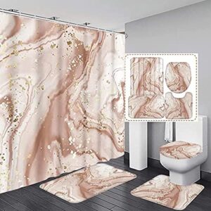 my-baby 4 pcs marble shower curtain set with rug marble bathroom sets with 12 hooks,white gold shower curtain for modern bathroom decor