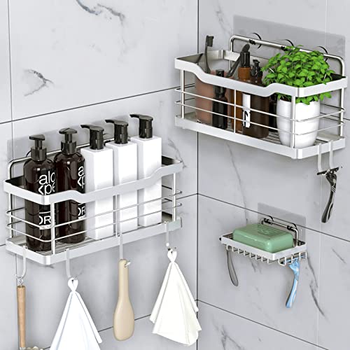 Carwiner Shower Shelf Deep Caddy 3-Pack basket with 10 Hooks & Soap Dish Holder, SUS304 Stainless Steel Bathroom Caddy Organizer Rack Adhesive Shampoo Holder Wall Mounted No Drilling (Silver)