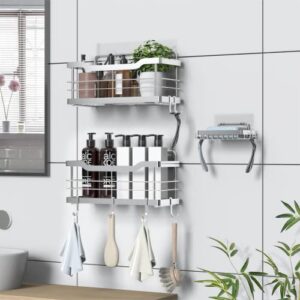 Carwiner Shower Shelf Deep Caddy 3-Pack basket with 10 Hooks & Soap Dish Holder, SUS304 Stainless Steel Bathroom Caddy Organizer Rack Adhesive Shampoo Holder Wall Mounted No Drilling (Silver)