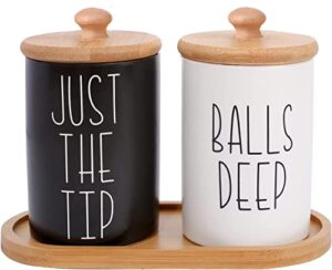 apothecary jars with lids for bathroom organization, qtip holder and cotton ball holder are great for farmhouse bathroom decor, rustic bathroom decor (black and white)