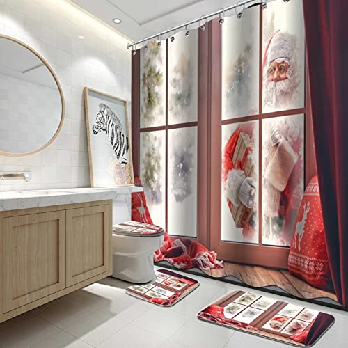 CALARVUK 4PC Santa Claus Bathroom Sets with Shower Curtain and Rugs, Red Christmas Shower Curtain Set with Non-Slip Rugs, Toilet Lid Cover and Bath Mat, Holiday Bathroom Decoration Set