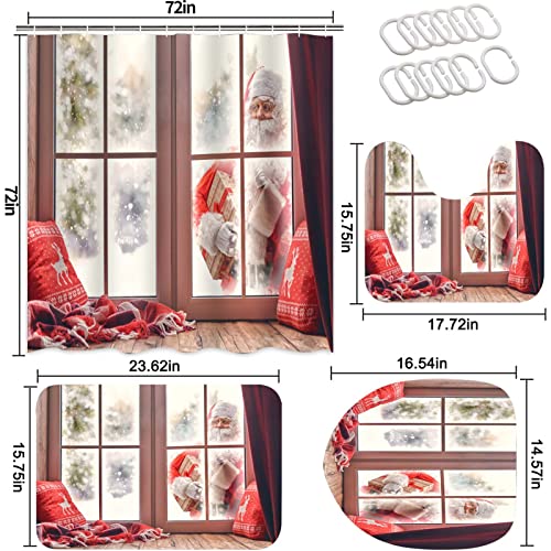 CALARVUK 4PC Santa Claus Bathroom Sets with Shower Curtain and Rugs, Red Christmas Shower Curtain Set with Non-Slip Rugs, Toilet Lid Cover and Bath Mat, Holiday Bathroom Decoration Set