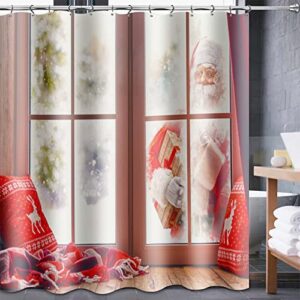 CALARVUK 4PC Santa Claus Bathroom Sets with Shower Curtain and Rugs, Red Christmas Shower Curtain Set with Non-Slip Rugs, Toilet Lid Cover and Bath Mat, Holiday Bathroom Decoration Set