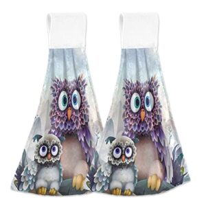 slhkpns purple owls kitchen hanging hand towels, cartoon art absorbent tie towel with loop 2 pcs kitchen linen sets for bathroom restroom home decor, purple owl, 14x18in