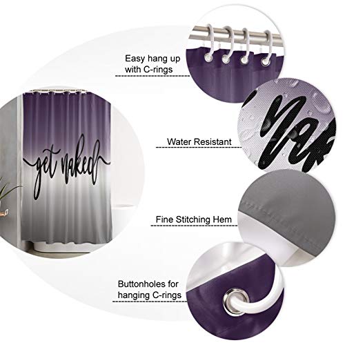 Purple and Grey Get naked Bathroom Shower Curtain Sets with Rugs, Funny Bathroom Decor Sets with Non-Slip Rugs and Toilet Lid Cover, Bath Mats, 36x72in Waterproof Shower Curtains with 12 Hooks