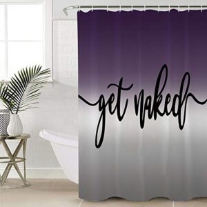 Purple and Grey Get naked Bathroom Shower Curtain Sets with Rugs, Funny Bathroom Decor Sets with Non-Slip Rugs and Toilet Lid Cover, Bath Mats, 36x72in Waterproof Shower Curtains with 12 Hooks