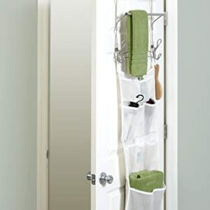 Zenna Home Bar, Satin Nickel SnugFit Over-The-Door-Towel Rack with Mesh Pocket-Storage