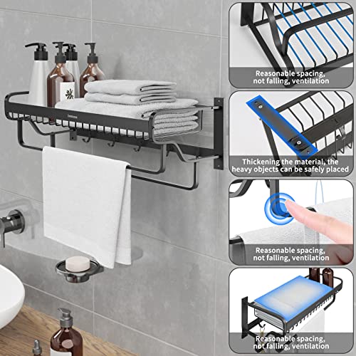 Bathroom Lavatory Towel Rack with Two Towel Bars,Zomhusea 22 in Aluminum Wall Mount Bath Towel Baskets with Hooks Laundry Room Bath Towel Storage Shelf