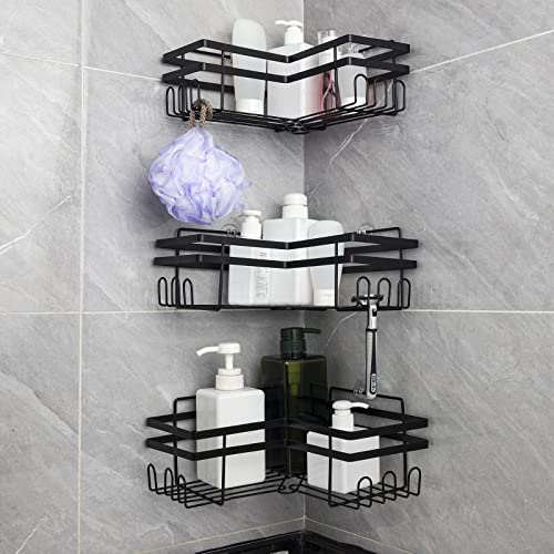 Corner Shower Caddy Adhesive Shower Organizer Corner No Drilling Shower Caddy Bathroom Wall Mounted Bathroom Storage Rack with Hooks 3 Pack (Black)