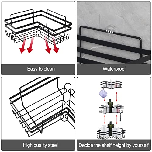 Corner Shower Caddy Adhesive Shower Organizer Corner No Drilling Shower Caddy Bathroom Wall Mounted Bathroom Storage Rack with Hooks 3 Pack (Black)