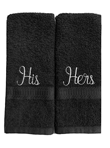 Embroidered His and Hers Hand Towel Set (2) Wedding, Engagement Gift (Black with white lettering)