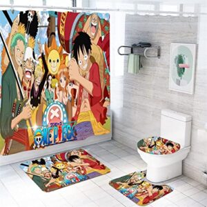 superdada 4 piece japan anime bathroom set one piece waterproof shower curtain anti slip area rugs toilet lid cover bath mat set 70x70in (color:a)